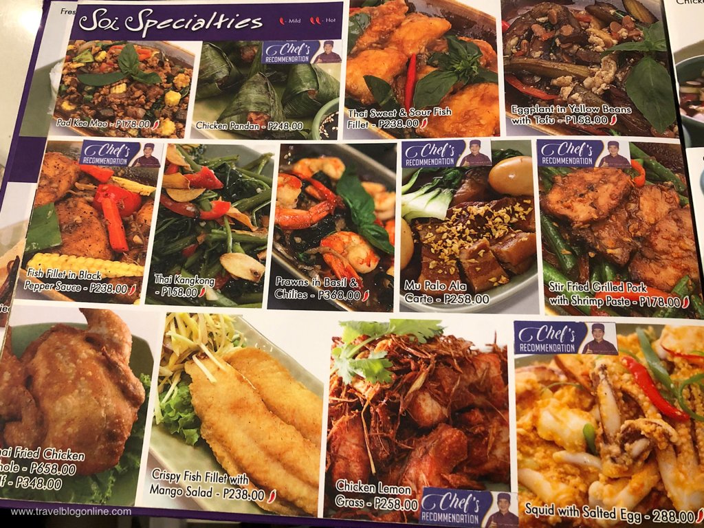 Soi Thai Restaurant, Robinsons Place, Ermita, Manila, Philippines, the menu