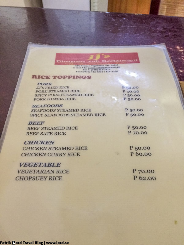 Review of JJ's Dimsum and Restaurant, Menu Rice Toppings, Bohol Philippines © Patrik Lord Travel Blog
